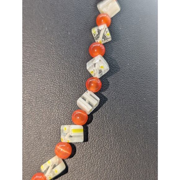 Orange Cat Eye Round & Clear Yellow Daisy Square Bead Toggle Clasp 25" Necklace - Picture 4 of 7